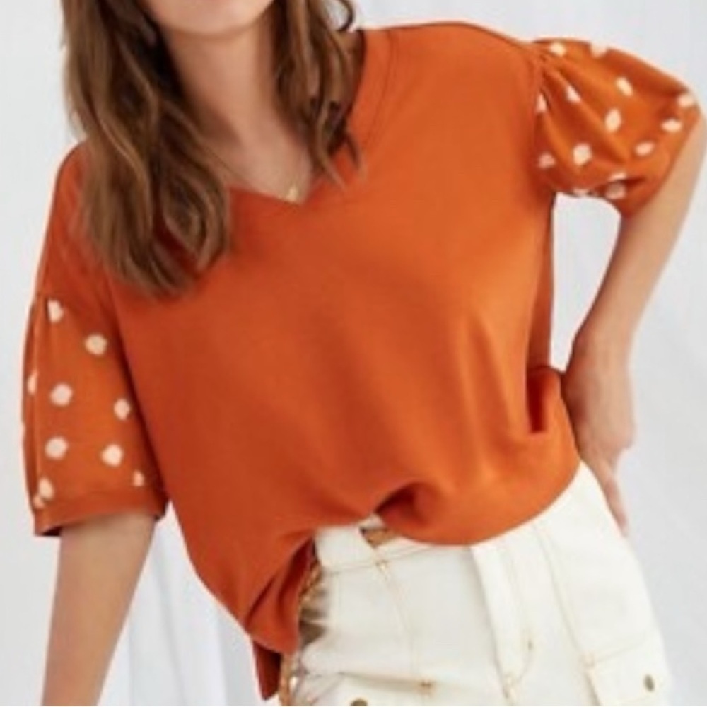 Anthropologie Daily Practice Puffed Sleeve Top Orange + Polka Dot SZ M